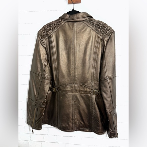 Women’s Leather Excelled Collection Zip Jacket metallic bronze belt strap Size M - Picture 13 of 13